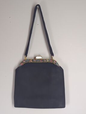 Vintage Italian Black Evening Handbag Clutch Embroidery Floral Frame